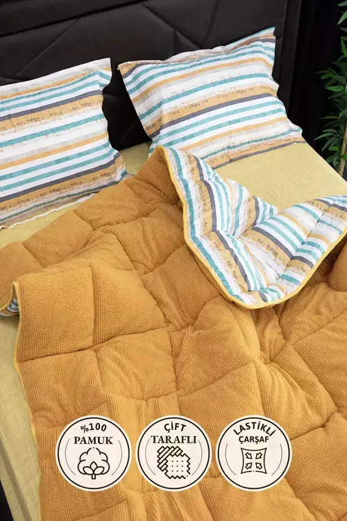 Oso Blanco Sherpa Çift Kişilik Comforter Uyku Seti - Hardal