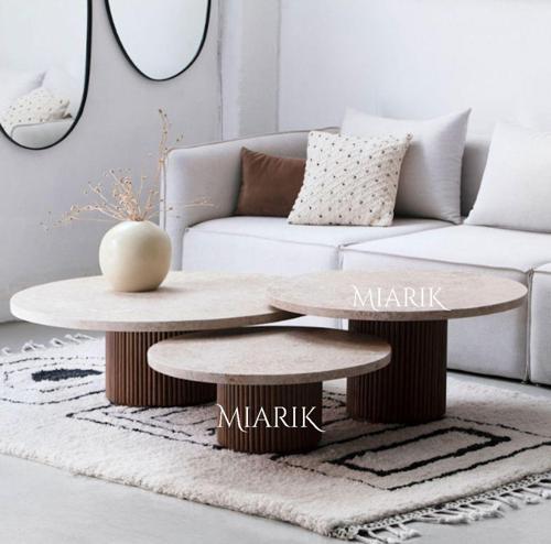 Miarik Design Dekoratif 3Lü Ahşap Ve Traverten Orta Sehpa