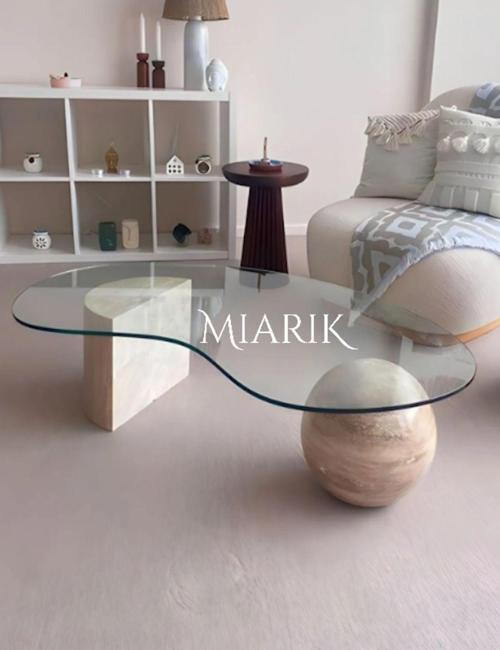 Miarik Design Traverten Mermer Dikdörtgen Camli Orta Sehpa