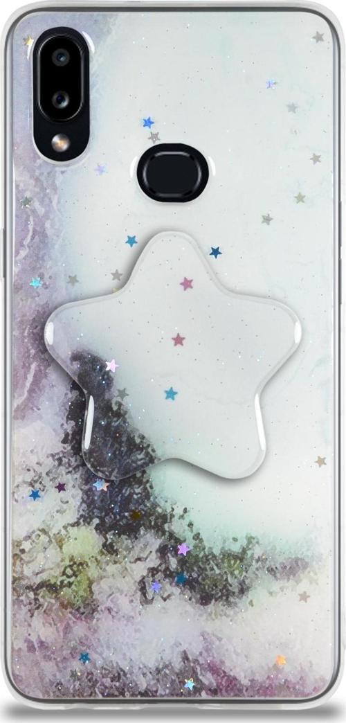 Samsung Galaxy A10S Kapak Mermer Desenli Pop Socketli Silikon Kılıf - Beyaz