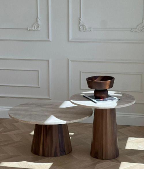 Miarik Design Traverten Mermer Ahsap Lavin Yan Sehpa , Masa , Orta Sehpa , Zigon