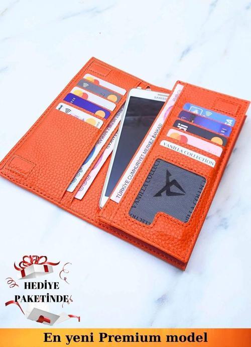 Telefon Bölmeli Unisex Turuncu Cüzdan Mıknatıslı Ve El Bantlı Büyük Paraportföy El Çantası