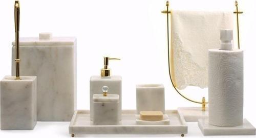Miarik Design & Dekorasyon 9'Lu Beyaz Mermer Kare Formlu Banyo Seti Gold