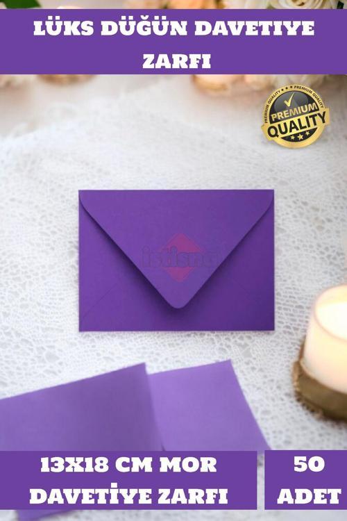 50 Adet 13x18 Cm Mor Zarf Davetiye Lüks Tebrik Kartı Mektup Mühür Cüzdan Büyük Düğün Zarfı