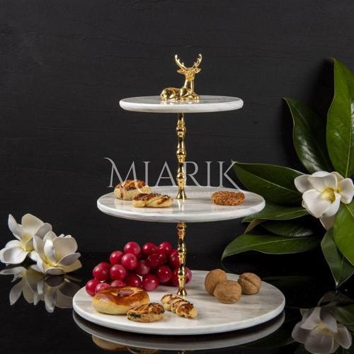 Miarik Design & Dekorasyon Doğal Mermer Pirinç Çubuklu Servis Sunum Tabağı , Kek Pasta Standı