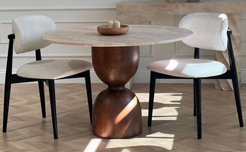 Miarik Design & Dekorasyon Yuvarlak Ahşap Bogum Ayak Traverten Tabla Mermer Yemek Masası
