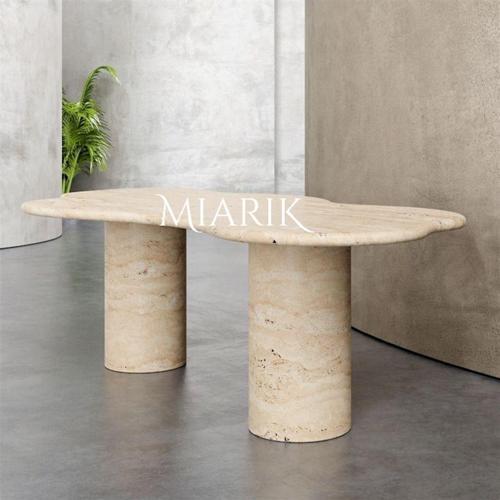 Miarik Design Serbest Şekil Daisy Traverten Mermer Silindir Ayak Yemek Masası