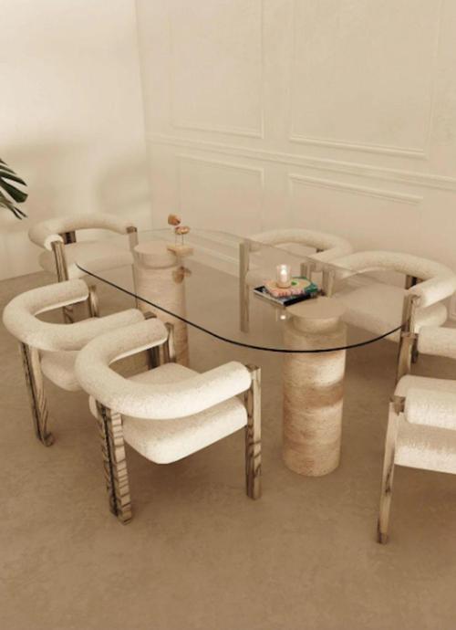 Miarik Design Traverten Uzun Sutun Ayak Cam Tablali Yemek Masası