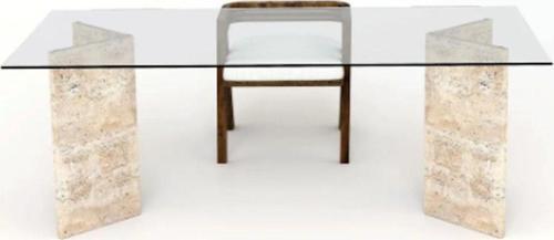 Miarik Design Traverten Uzun V Ayak Cam Tablali Yemek Masası