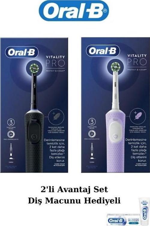 D103 Vitality Pro Cross Action Şarjlı Elektrikli Diş Fırçası Siyah-Lila, Diş Macunu 50ml Avan