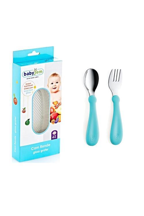 Cam Rende + Turkuaz Paslanmaz Çelik Çatal Kaşık Seti