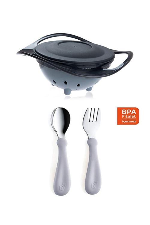 Dökülmeyen Tabak Gri + Paslanmaz Çatal Kaşık Seti Gri