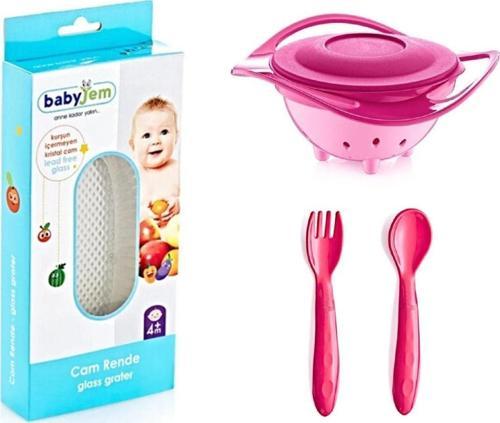 Cam Rende + Dökülmeyen Tabak Pembe + Mama Kaşık Çatal Takımı