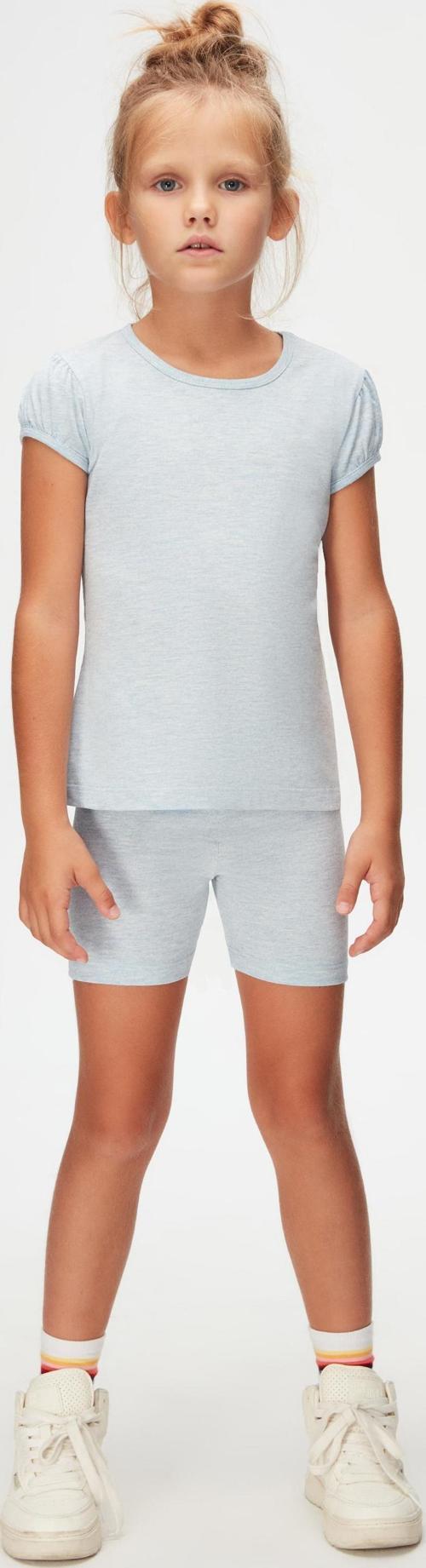 Açık Mavi Melanj Basic Kız Çocuk Sıfır Yaka Karpuz Kol Tişört