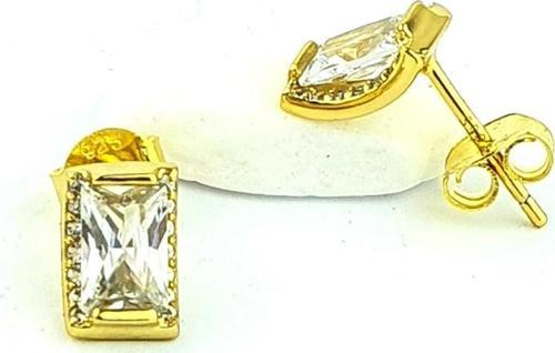 925 ayar Gümüş Üzerine Altın Kaplama Baget Tek Taş Küpe  