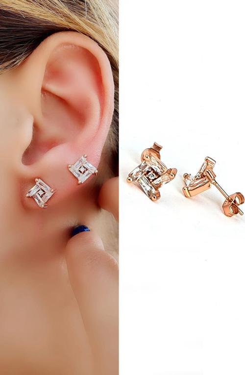 Baget Zirkon Taşlı 925ayar Gümüş Üzerine Rose Altın Kaplama Trend Küpe