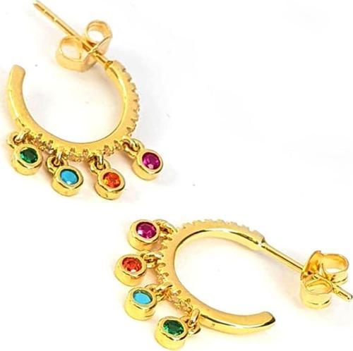 Italyan tasarımı altın kaplama renkli taşli gümüş yarım halka küpe (1.5 cm küpe çapı ) 
