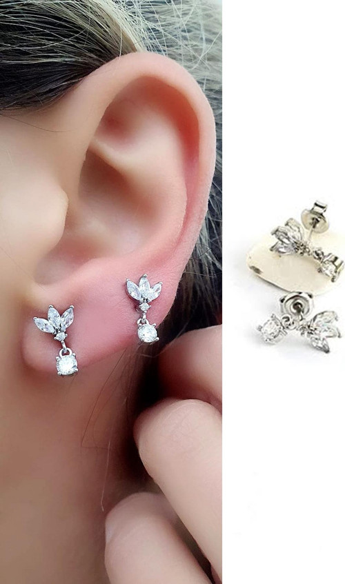 925ayar Gümüş Üzerine Altın Kaplama Luxury Tasarım Zirkon Taş Detaylı Lotus Minimal Sallantili küpe 1.5cm