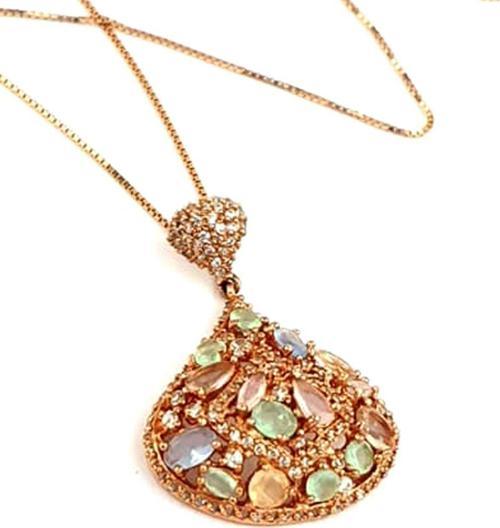 kalsedon pembe kuvars zirkon taş detaylı 925 ayar gümüş rose kolye