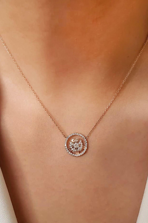 Kedi figürlü minimal gümüş rose kolye