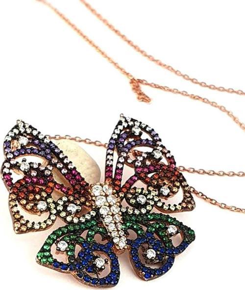 kelebek figürlü gümüş rose kolye