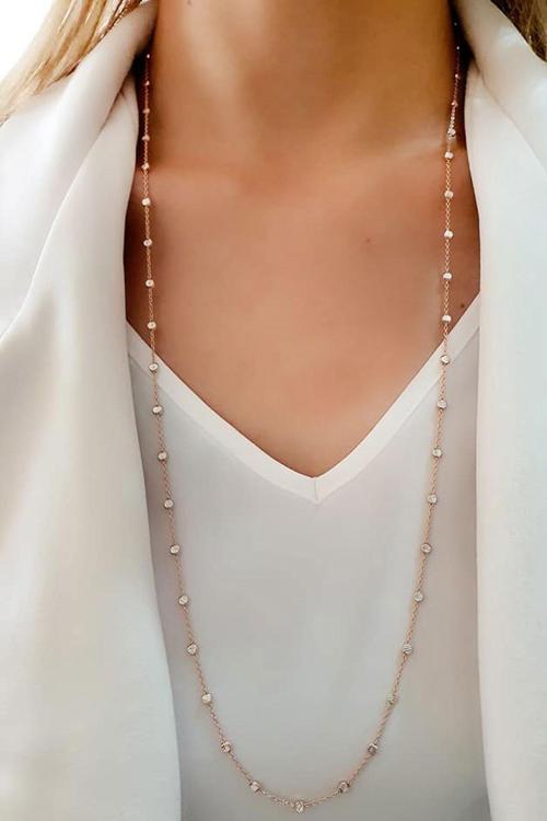 Kendinden ışıltılı italyan tasarı gümüş rose beyaz uzun zincir kolye 80 cm