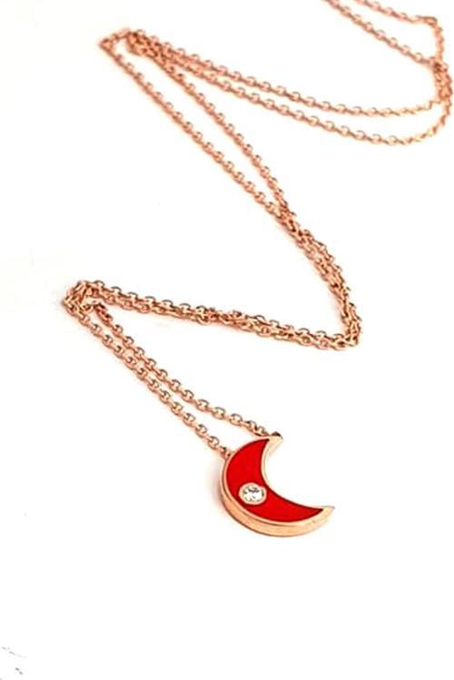 Kırmızı mine işçiliği ay figürlü gümüş rose minimal kolye