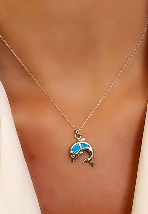 italyan opal taşlı 925 ayar gümüş yunus kolye