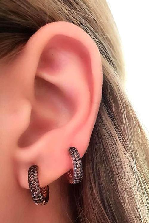 Granat taşlı gümüş rose bombeli halka cift küpe