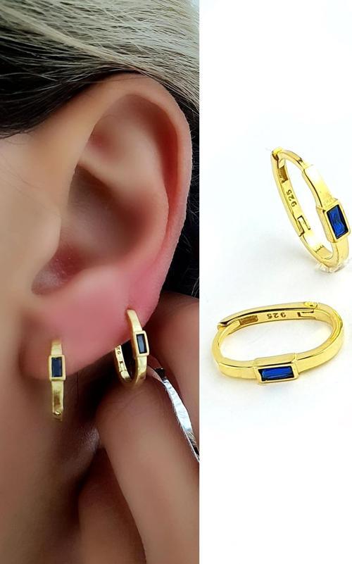 Lacivert Baget Zirkon Taşlı 925ayar Gümüş Üzerine Altın Kaplama Luxury Tasarım Oval Halka Küpe