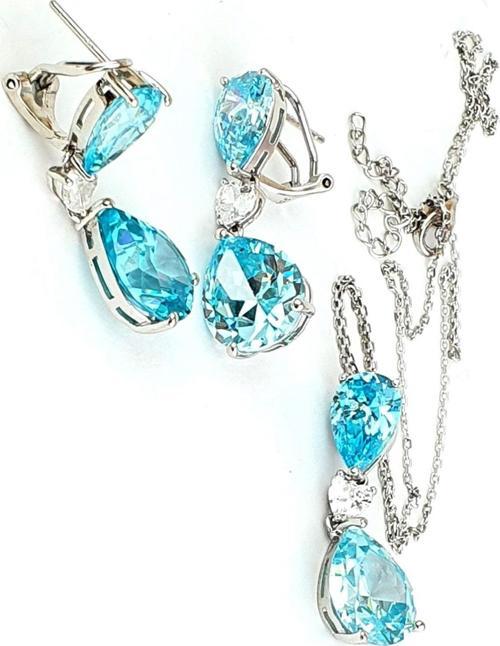 Aquamarin Taşlı 925ayar Gümüş Exclusive Küpe Kolye Set Takım