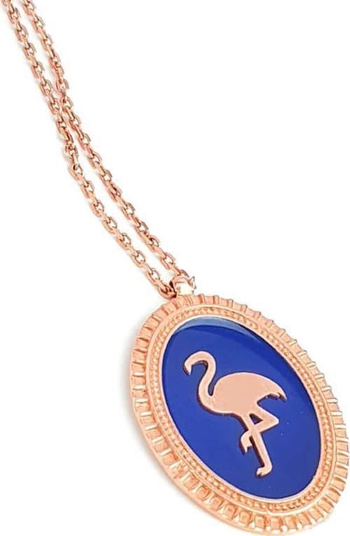 Lacivert mineli 925 ayar gümüş rose pelikan oval plaka kolye