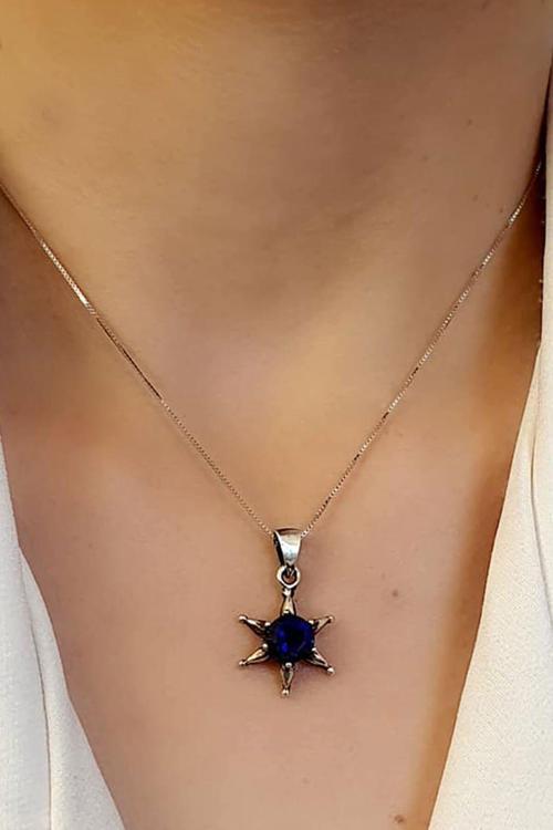 Lacivert zirkon taşlı 925 ayar gümüş yıldız kolye