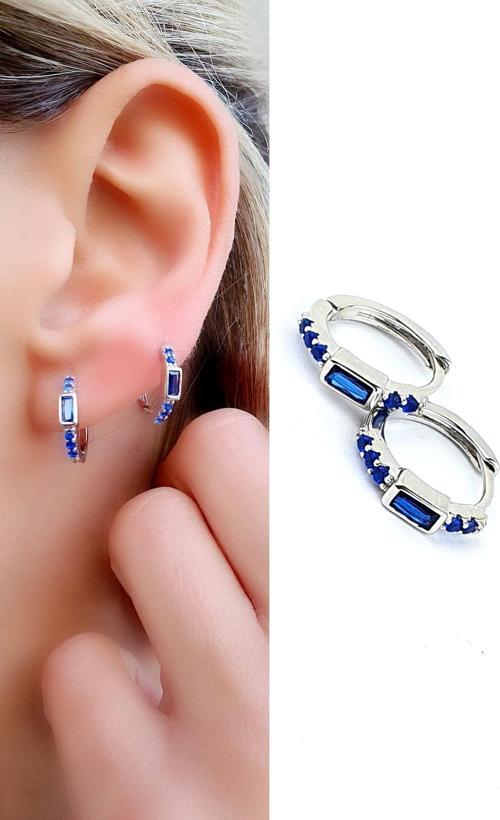 Lacivert Zirkon Taşlı 925ayar Gümüş Luxury Tasarım Halka Küpe 