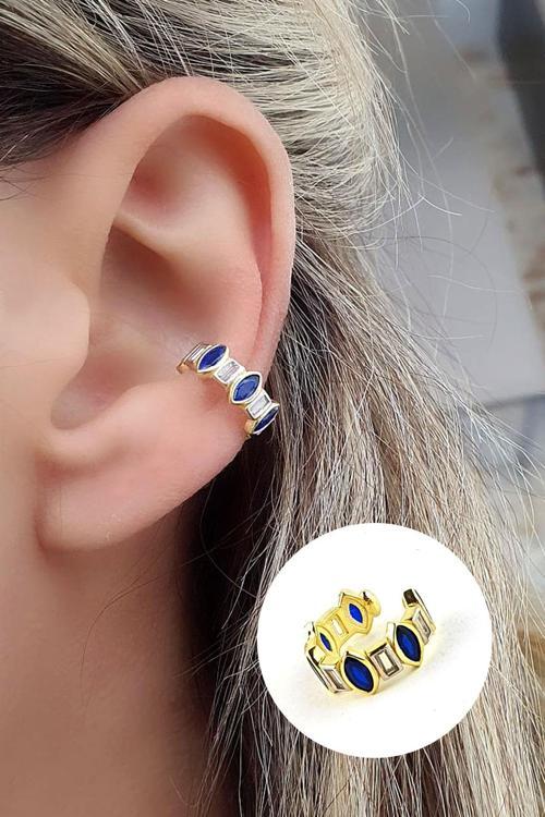 Lacivert Zirkon Taşlı 925ayar Gümüş Üzerine Altın Kaplama Luxury Tasarım Sıkıştırmalı Kıkırdak Küpesi 