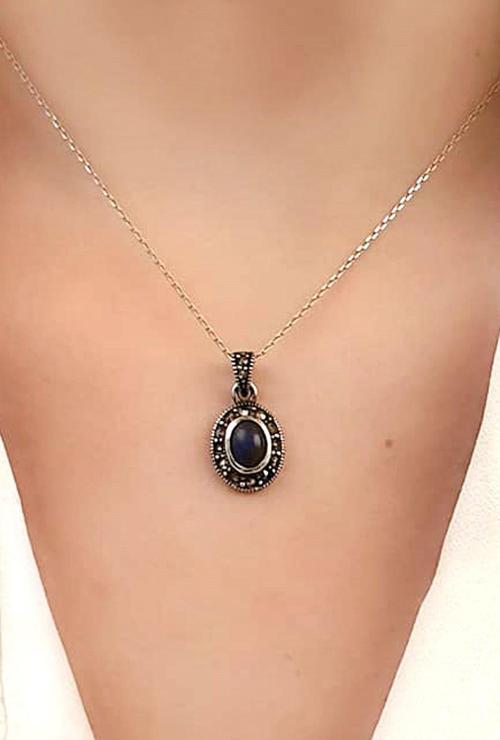 Markazit taşlı lapis 925ayar gümüş kolye 