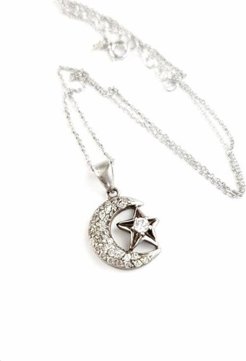 Ay yıldız figürlü zirkon taş detaylı 925 ayar gümüş kolye 