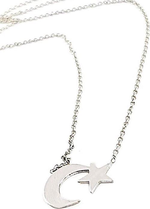 Ay Yıldız İşlemeli Gümüş Taşsız Kolye