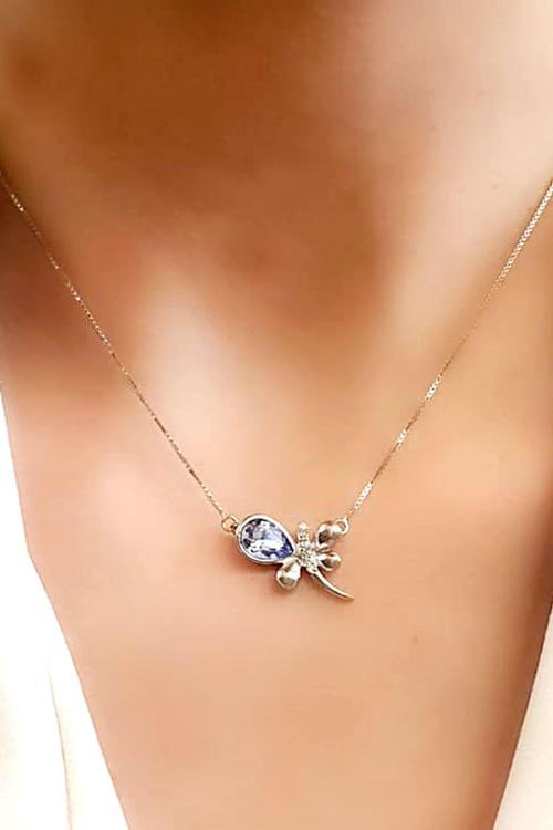 Lila swarovski taşlı 925 ayar gümüş yusufçuk kolye