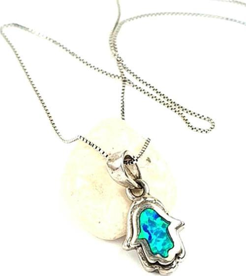 Opal taşlı fatmanın eli figürlü 925 ayar gümüş minimal kolye