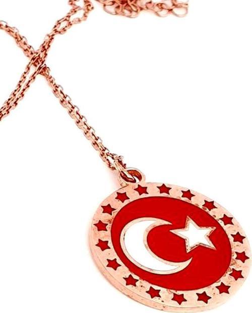 Mine işçiliği 925 ayar gümüş rose ay yıldız kolye 