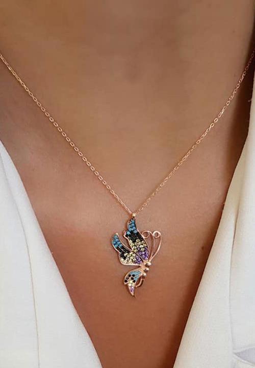 Renkli zirkon taşlı kelebek figürlü 925 ayar gümüş rose kolye