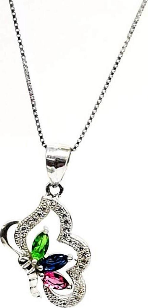 Renkli zirkon taşlı kelebek figürlü gümüş bayan kolye