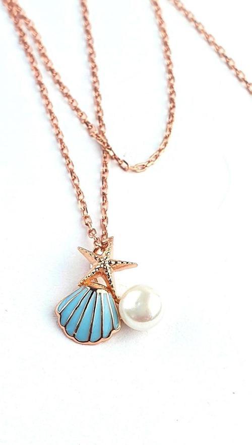 Mineli 925ayar Gümüş Rose Deniz Kabuğu ve Yıldızı inci detaylı tasarım kolye 