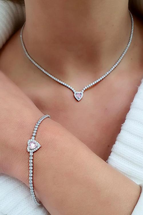Pembe zirkon Taşlı 925ayar Gümüş Su Yolu Bileklik Kolye Set takım kolye