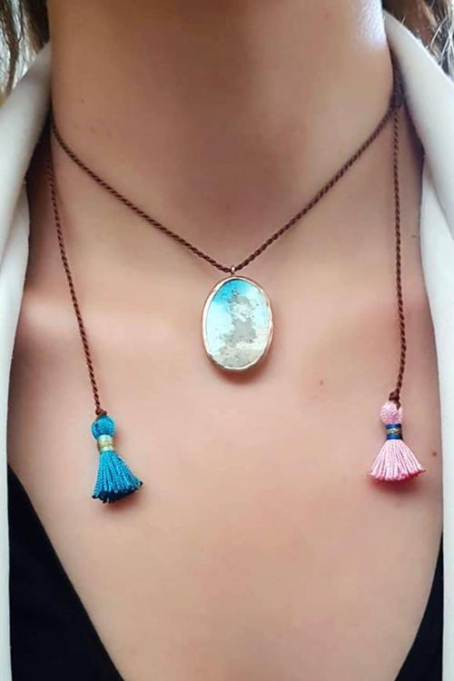 Turkuaz taşlı 925 ayar gümüş rose tasarım ipek makromeli kolye 