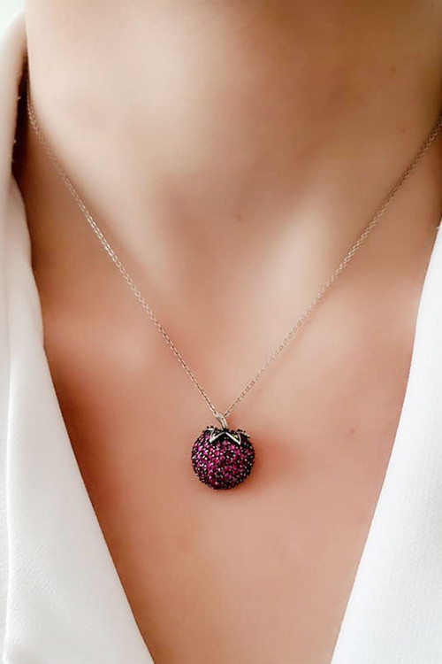 Pembe zirkon tasli çilek figürlü gümüş tasarım kolye