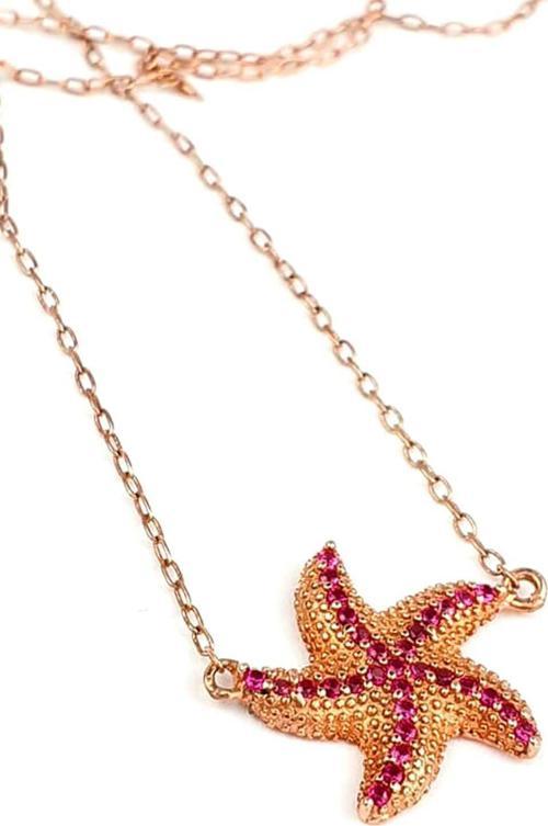 Pembe zirkon taşlı deniz yıldızı figürlü gümüş rose kolye
