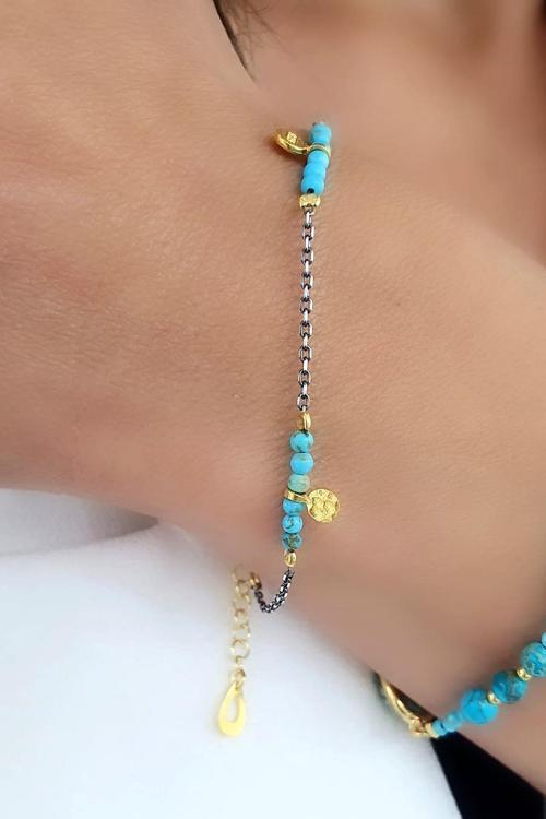 Turkuaz Taşlı 925ayar Gümüş Üzerine Altın Kaplama pullu  Tasarım Doğal Taş bileklik