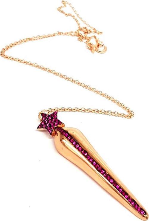Pembe zirkon taşlı yıldız figürlü gümüş üzerie rose altın kaplama modern yıldız kolye 
